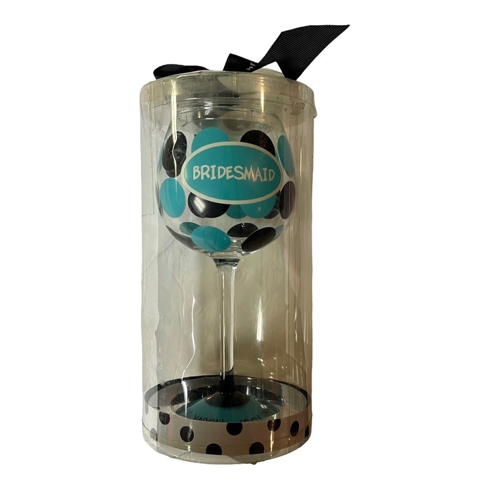 Mudpie Bridesmaid Wine Glass Teal Black Polka Dot Wedding Bridal Thank You‎ New